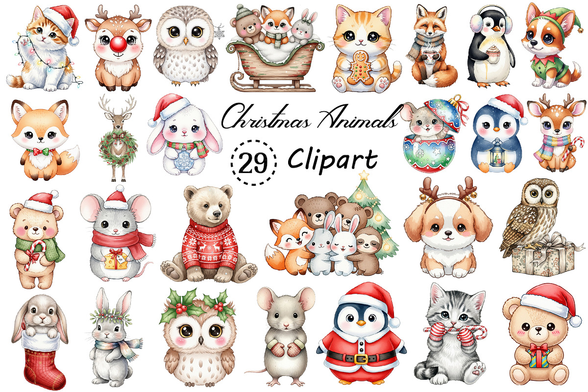 Kawaii Vintage Christmas Animals Png, an Illustration by Creative Art (Photo 1 of 9)