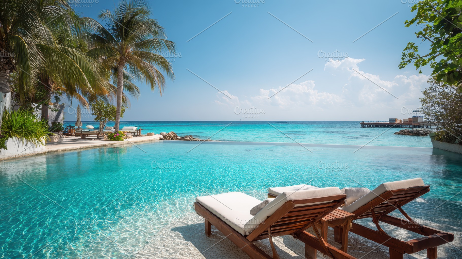 Luxurious beach resort pool, a Photo by Pavel_design