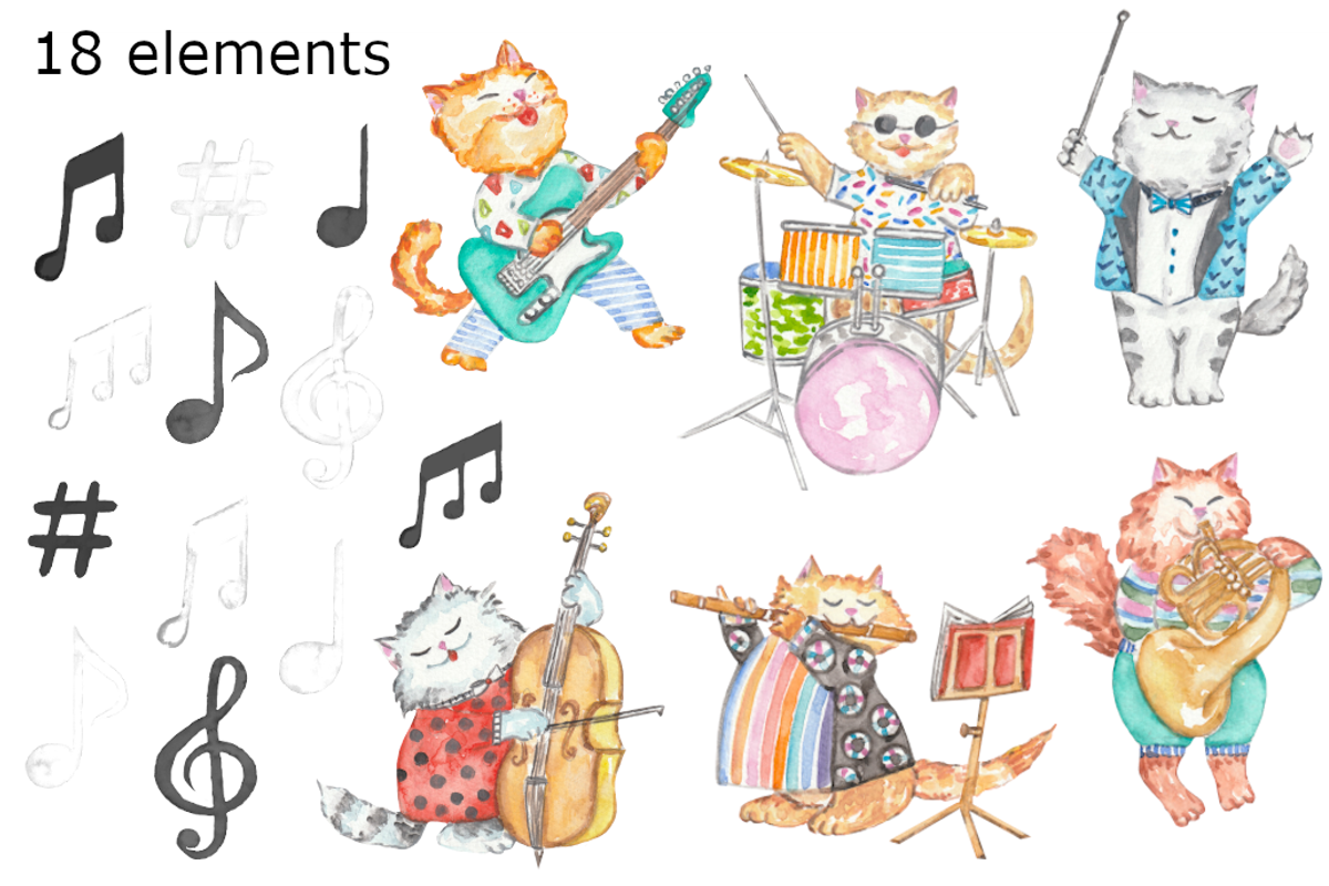Musical cats watercolor clipart, a Background Graphic by GoodFairyClipArt (Photo 2 of 2)