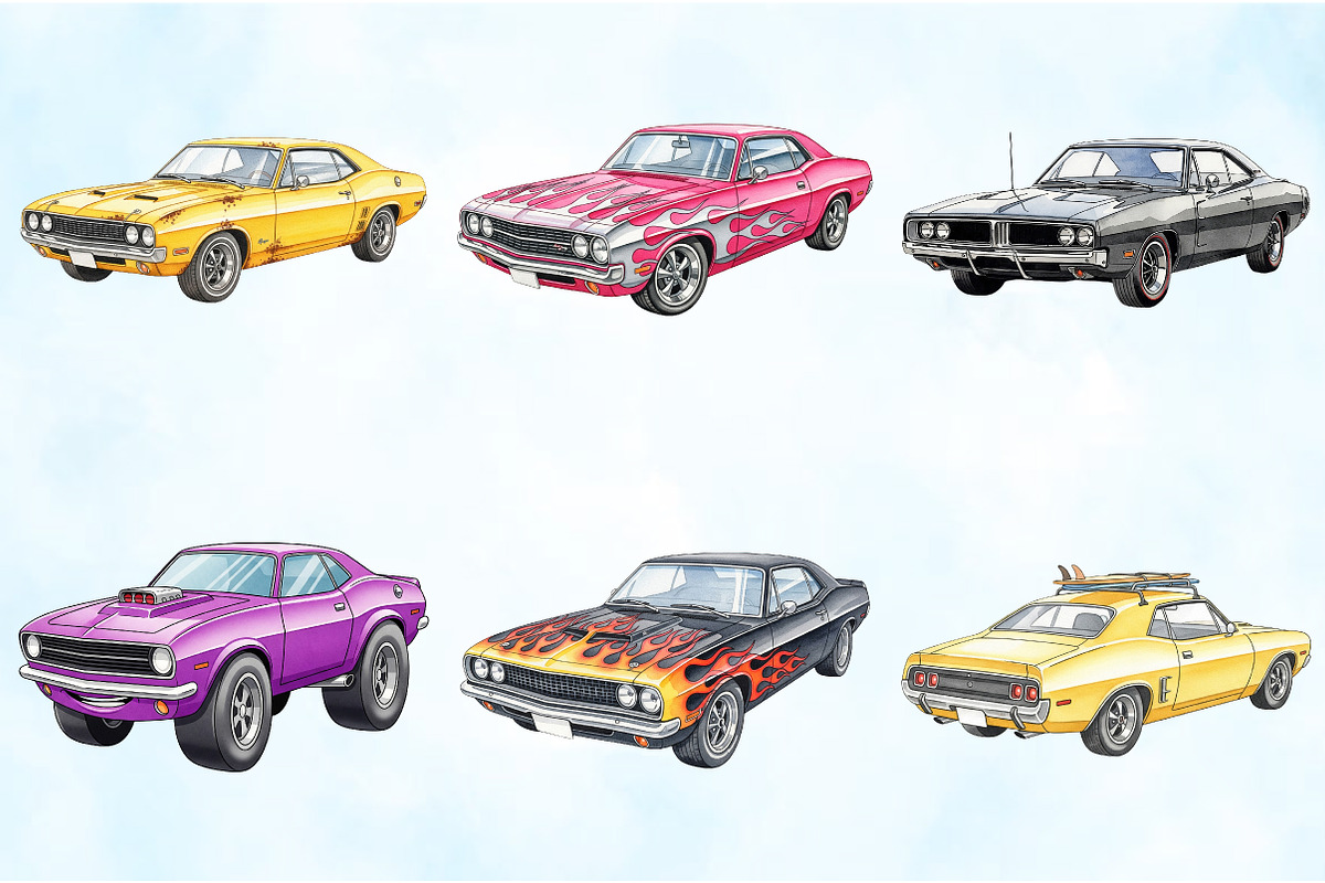Retro Muscle Car Art Pack, an Illustration by Craft Nest (Photo 5 of 6)