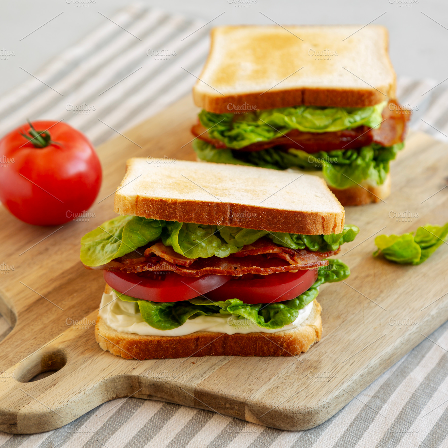 Homemade BLT (Bacon Lettuce Tomato)  Sandwich with Mayo, side vi, a Food & Drink Photo by LiudmylaChuhunova