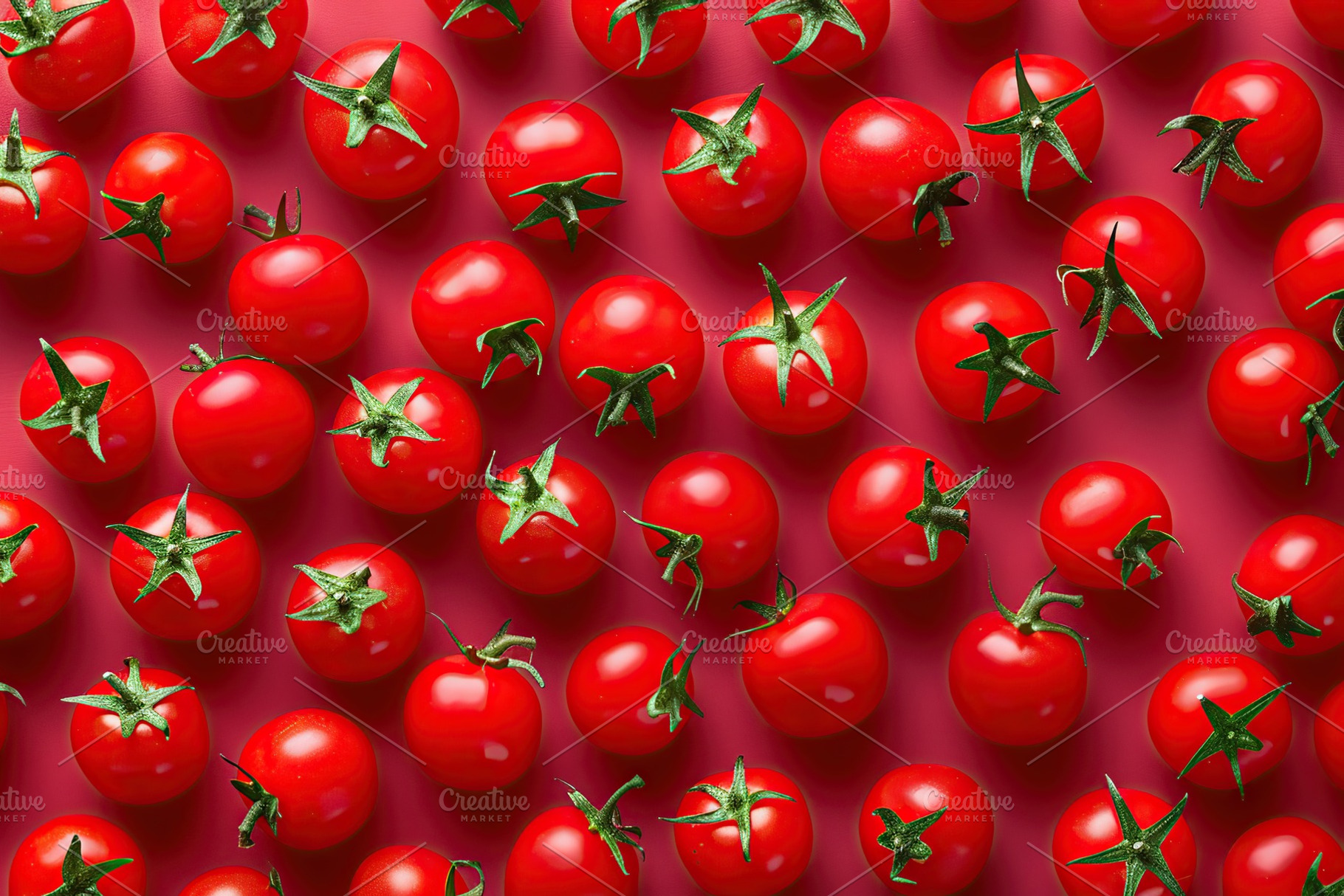 Pattern of ripe red cherry tomatoes on red background, a Food & Drink Photo by AlyaAnd