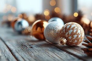 Decorative Christmas ornaments on wooden surface, a Holiday Photo by AlyaAnd