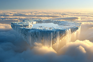 Majestic floating island with waterfalls and serene lake above the clouds at su, a Photo by AlyaAnd