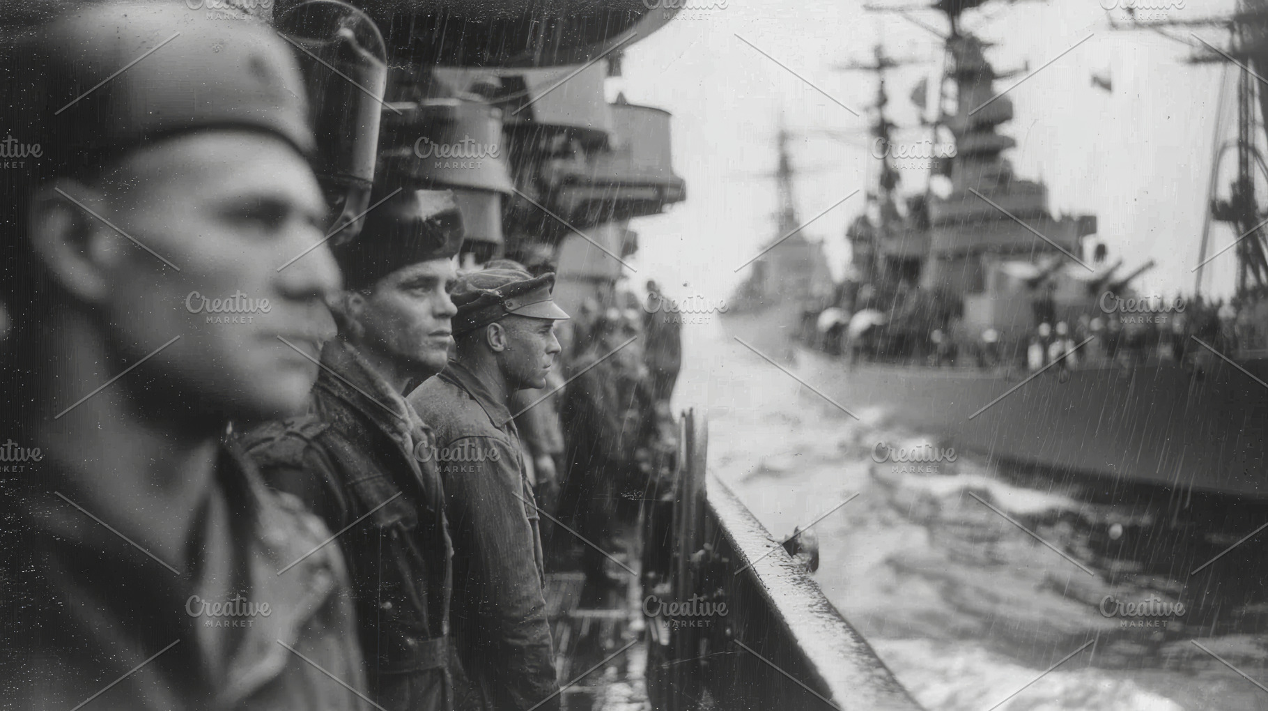 Sailors observing naval activity during wartime on a rainy day, a Photo by AS photostudio