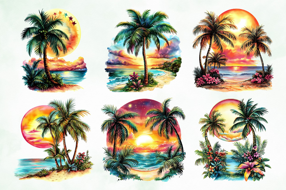 Aesthetic Sunset & Palm Tree Clipart, a Seasonal Illustration by Creative Art (Photo 5 of 8)