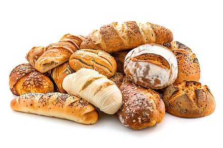 Freshly different baked bread isolated on white background, a Food & Drink Photo by AlyaAnd