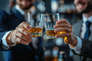 Businessmen clinking glasses of whiskey, a Food & Drink Photo by AlyaAnd