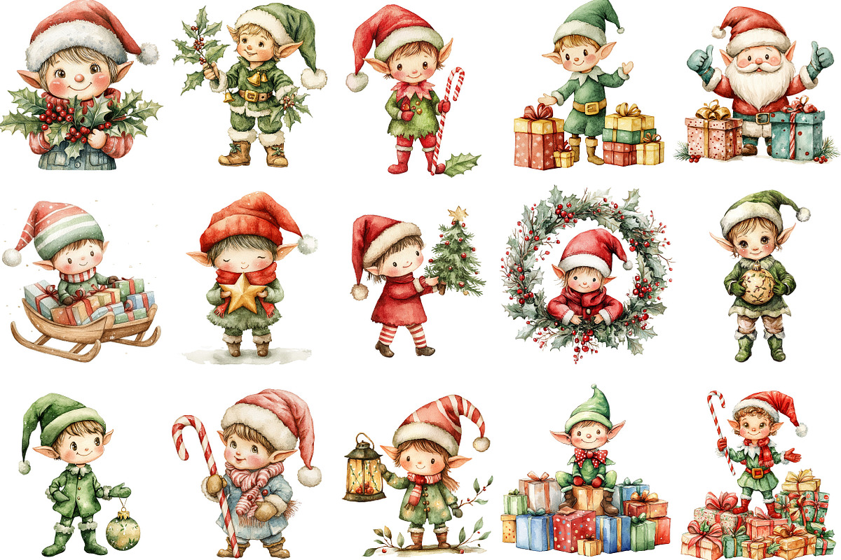 Christmas Elf Watercolor Clipart, an Illustration by Designking (Photo 3 of 5)