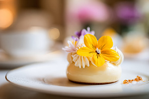 Gourmet pastry with edible flower decoration on a white plate, s, a Food & Drink Photo by Studio ANNA