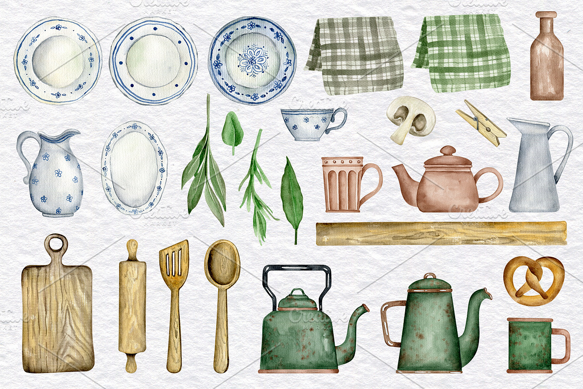Rustic kitchen utensil Clipart, a Food Illustration by KathrineWatercolor (Photo 2 of 6)