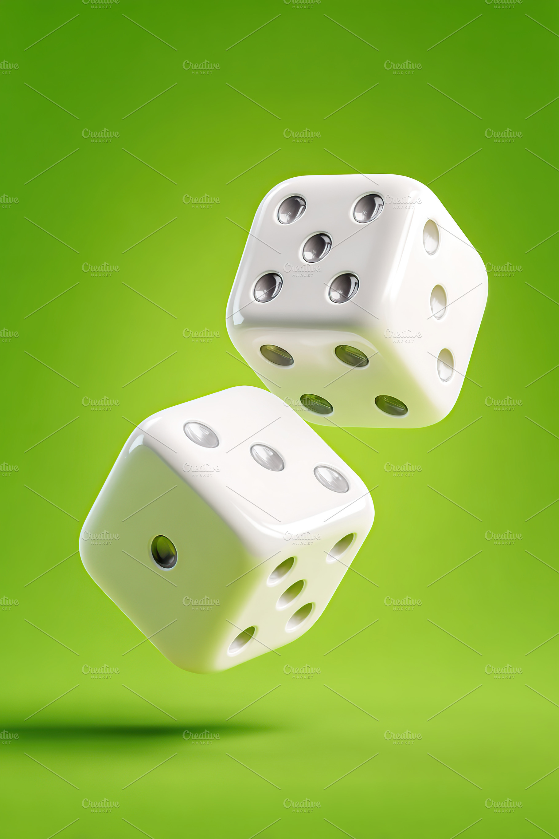 Glossy white playing dice float above a bright green background with blurred sh, a Photo by AlyaAnd