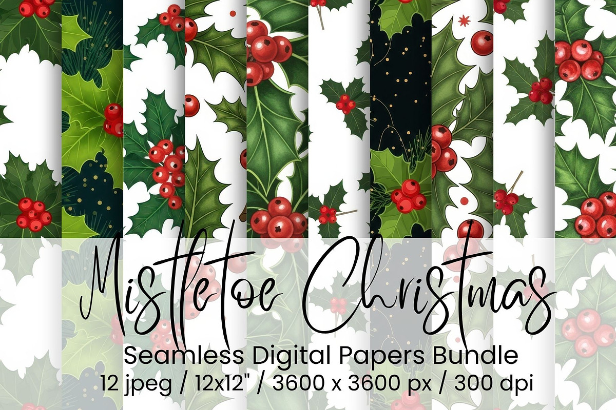Mistletoe & Holly Christmas Seamless, an Illustration by Mashimara (Photo 1 of 5)