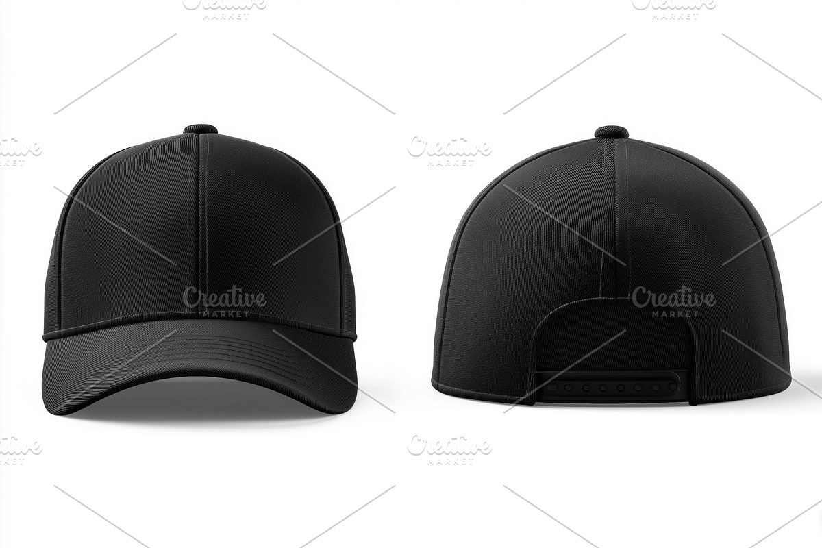 A black baseball cap mockup shown from the front and back views, featuring a sm, a Mask Mockup by Textures & Backgrounds