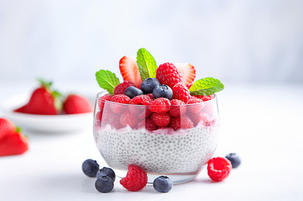 Chia pudding with berries and granola in glass on white background, a Food & Drink Photo by AlyaAnd