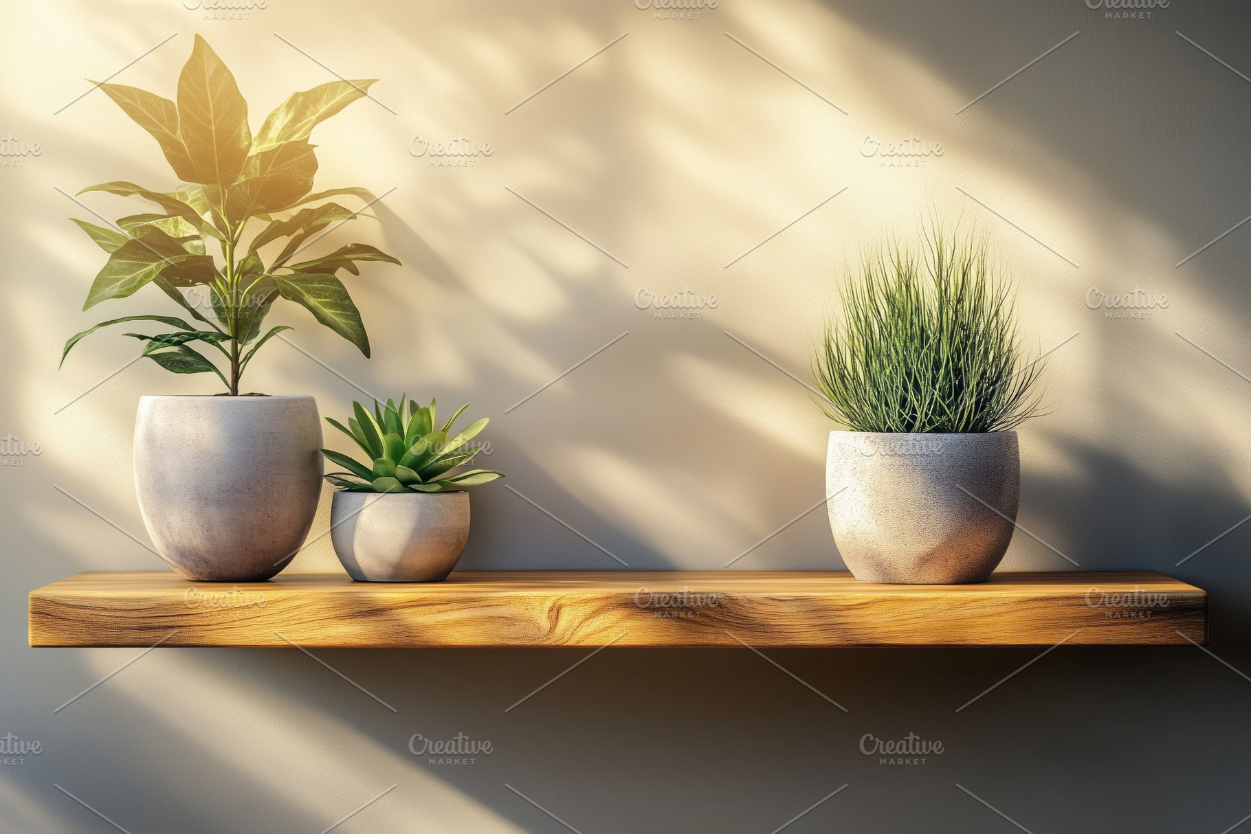 Three stylish potted plants on a wooden shelf, adding a touch of nature to mode, a Background Photo by ImageMir