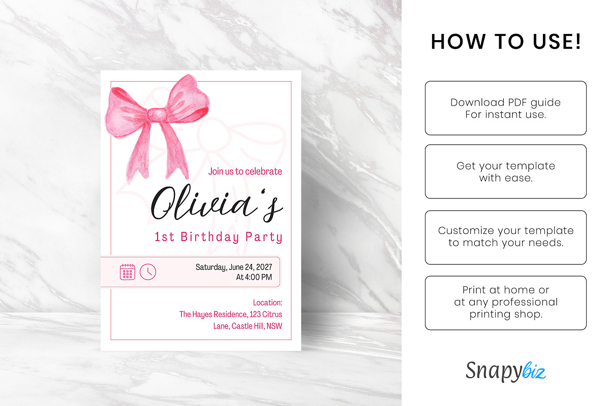Pink Bow Birthday Invitation Canva, an Invitation Template by Snapybiz (Photo 5 of 10)