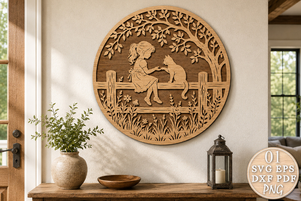 Girl & Cat Laser Cut SVG, an Object Graphic by Rose Art (Photo 1 of 3)