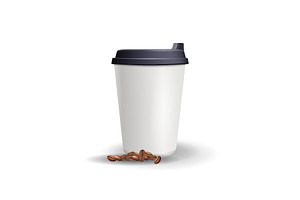 Realistic, Plain And Blank Paper Cup Mockup With Coffee Beans.