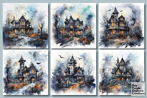 Watercolor Haunted House Halloween