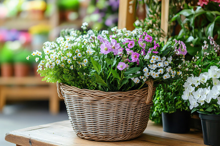 Different spring flowers in wicker basket, a Nature Photo by AlyaAnd