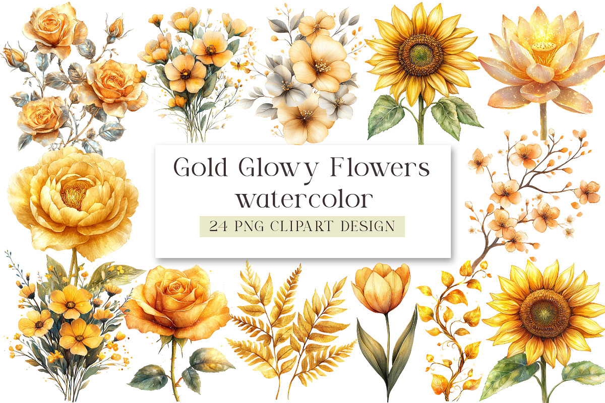 Gold Glowy Flowers Clipart Flower Pn, an Illustration by DreamArtGraphic (Photo 1 of 4)