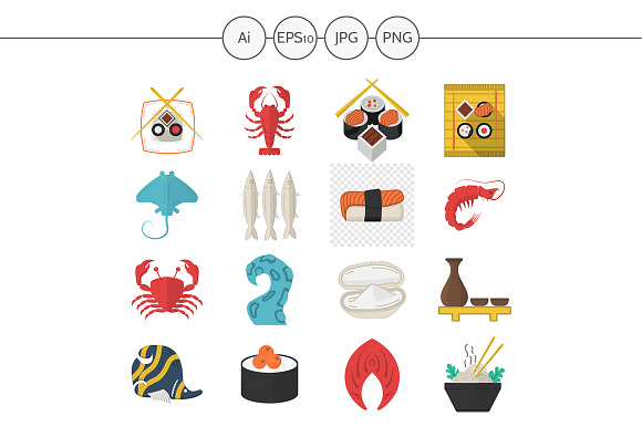 Seafood Menu Flat Style Icons. Set 2