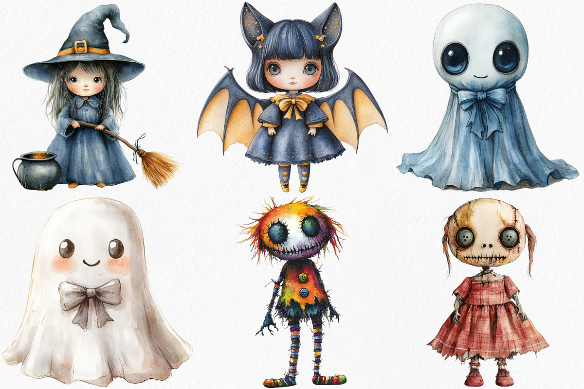Watercolor Halloween Doll Clipart, an Illustration by Canvas Craft (Photo 2 of 8)