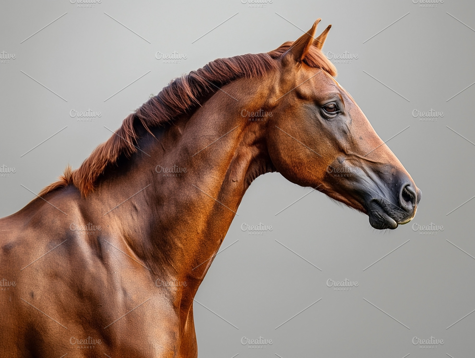 Profile of a majestic chestnut horse, showcasing its strong physique and expres, an Animal Photo by ImageMir