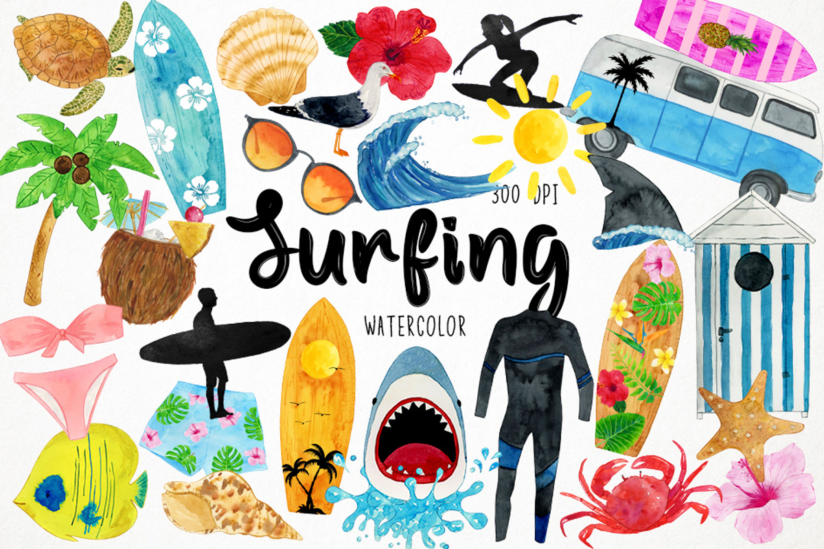 Watercolor Surfing Clipart, Surf, an Object Graphic by Paulaparaula (Photo 1 of 3)