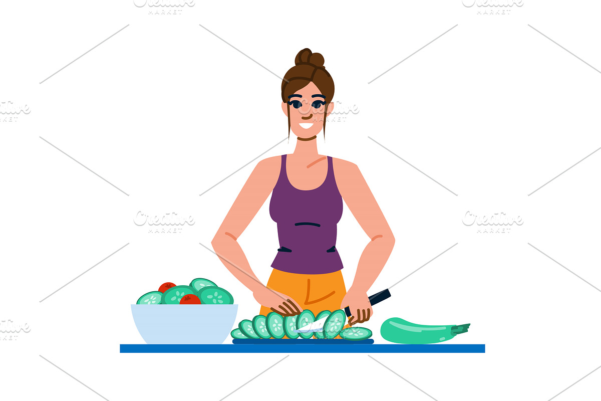 Young woman slicing cucumbers and, a Food Illustration by pikepicture