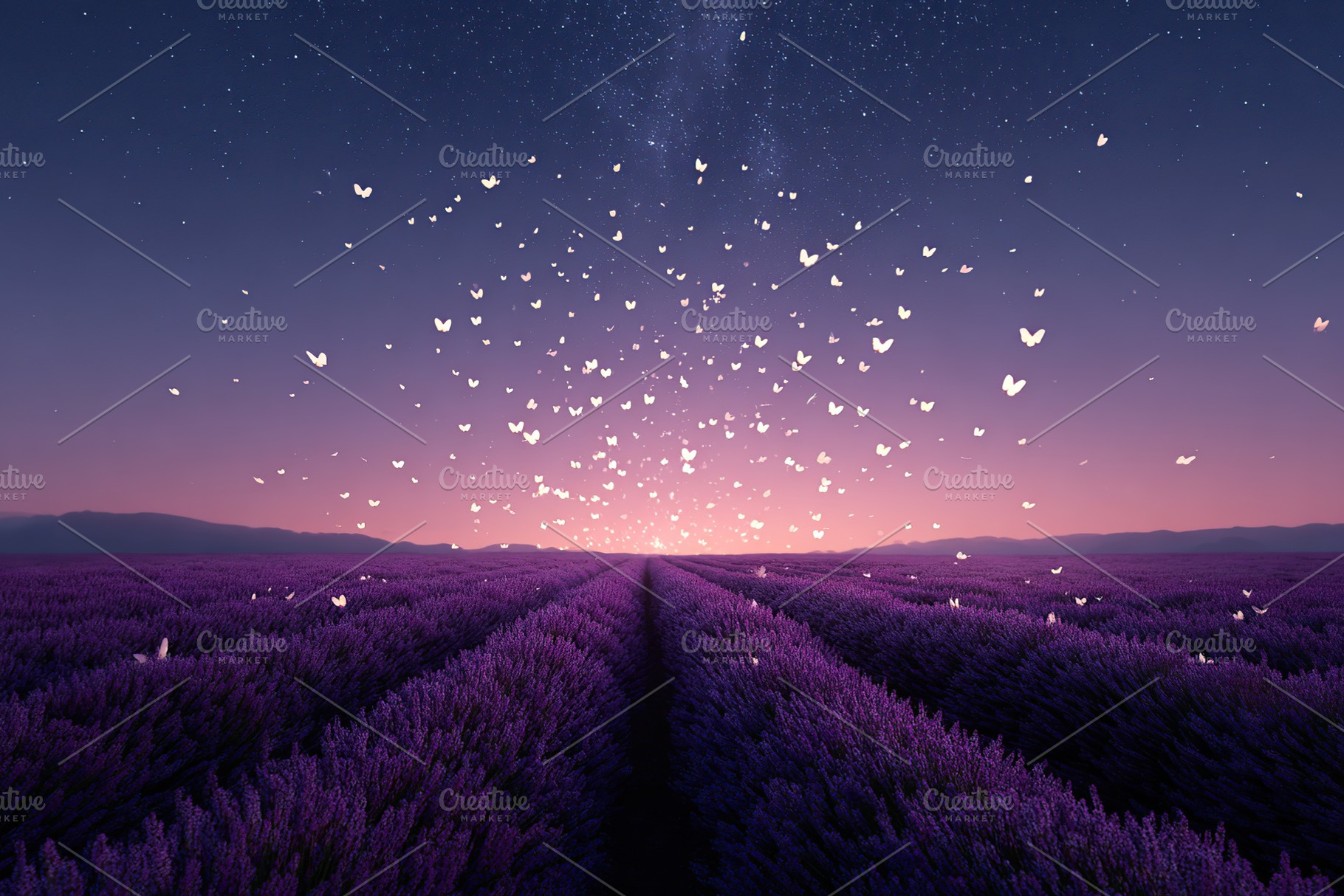 Lavender field at dusk with butterflies dancing in the twilight sky, a Photo by AlyaAnd