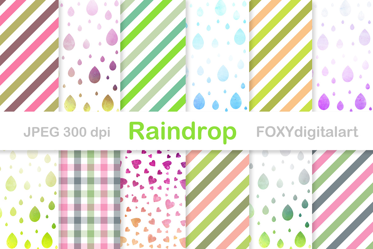 Rain drops digital paper watercolor, a Pattern Graphic by FOXYdigitalart (Photo 5 of 6)
