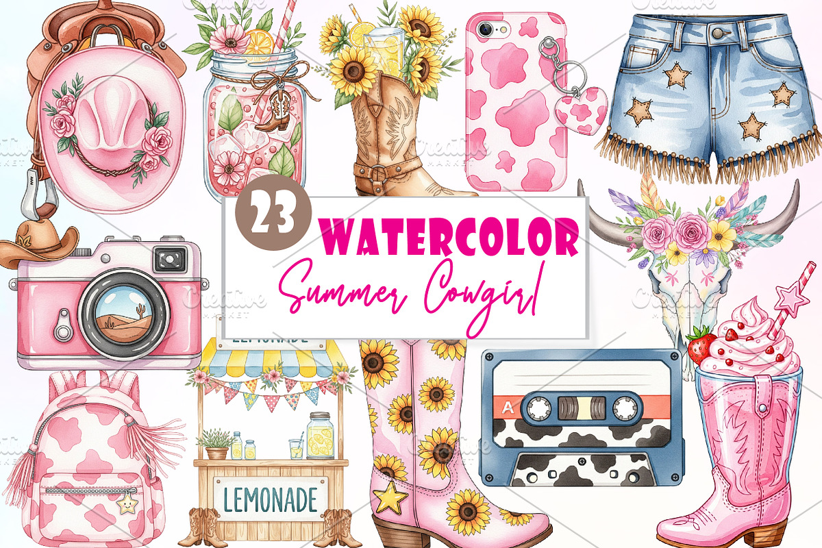 Summer Cowgirl Sublimation Clipart, an Illustration by Watercolor design (Photo 1 of 6)