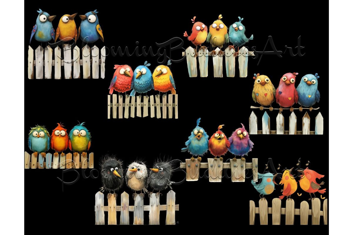12 Quirky Birds on a Fence Clipart, an Animal Illustration by Art Paradise Studios (Photo 3 of 8)
