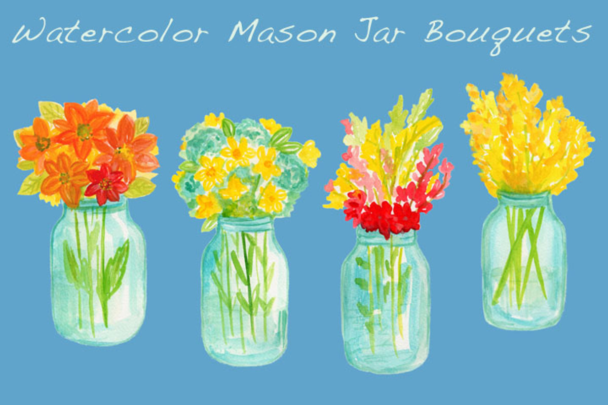 Watercolor Mason Jar Bouquets, an Illustration by Sandra Jones Art (Photo 2 of 2)
