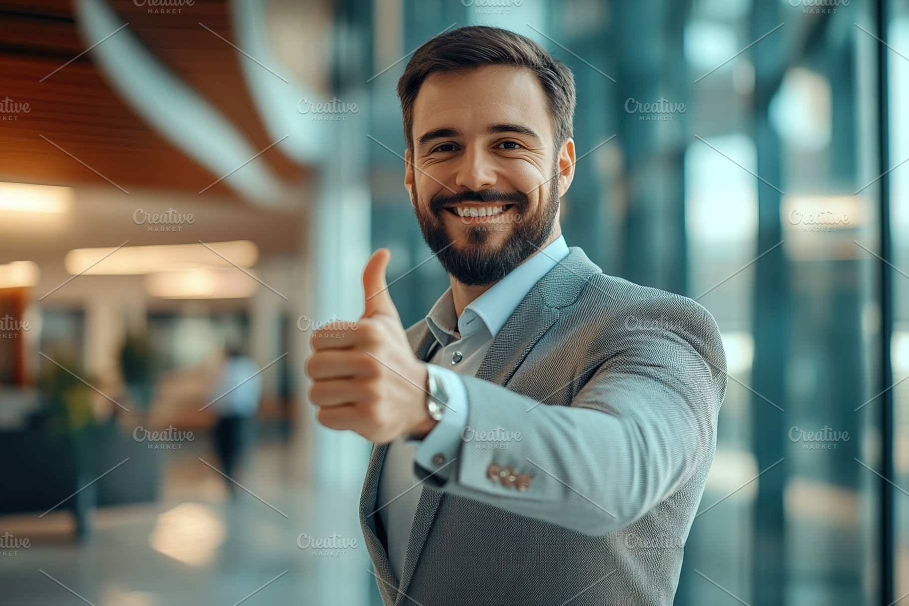 Smiling businessman in modern suit showing thumbs up, a Person Photo by AlyaAnd