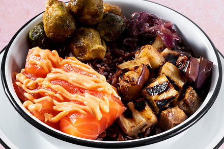 salmon poke bowl (eggplant, brussel sprout, caramelized onion an, a Food & Drink Photo by IriGri