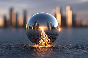 Reflection of a city skyline in a glass sphere during sunset over a cityscape, an Abstract Photo by AlyaAnd