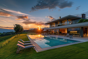 Modern house in suburb with beautiful green landscape and swimming pool, an Architecture Photo by AlyaAnd