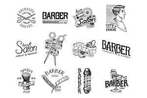 Set Of Barbershop Badge And Label, Logo And Hipster Emblems. Tools For Man Icon. Haircut Of Beard And Mustache. Brush And Razor For Shaving. Engraved 