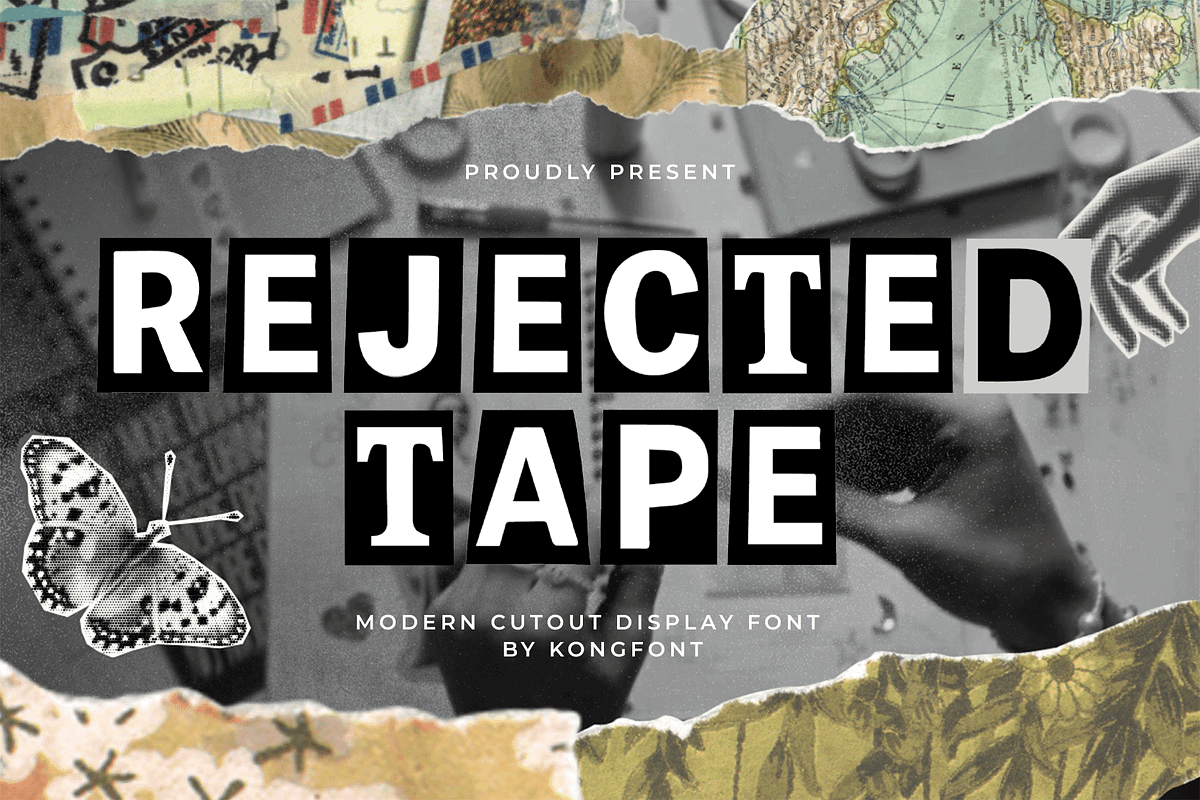 Rejected Tape–Modern Cutout Display, a Sans Serif Font by overlaytemplates (Photo 1 of 5)