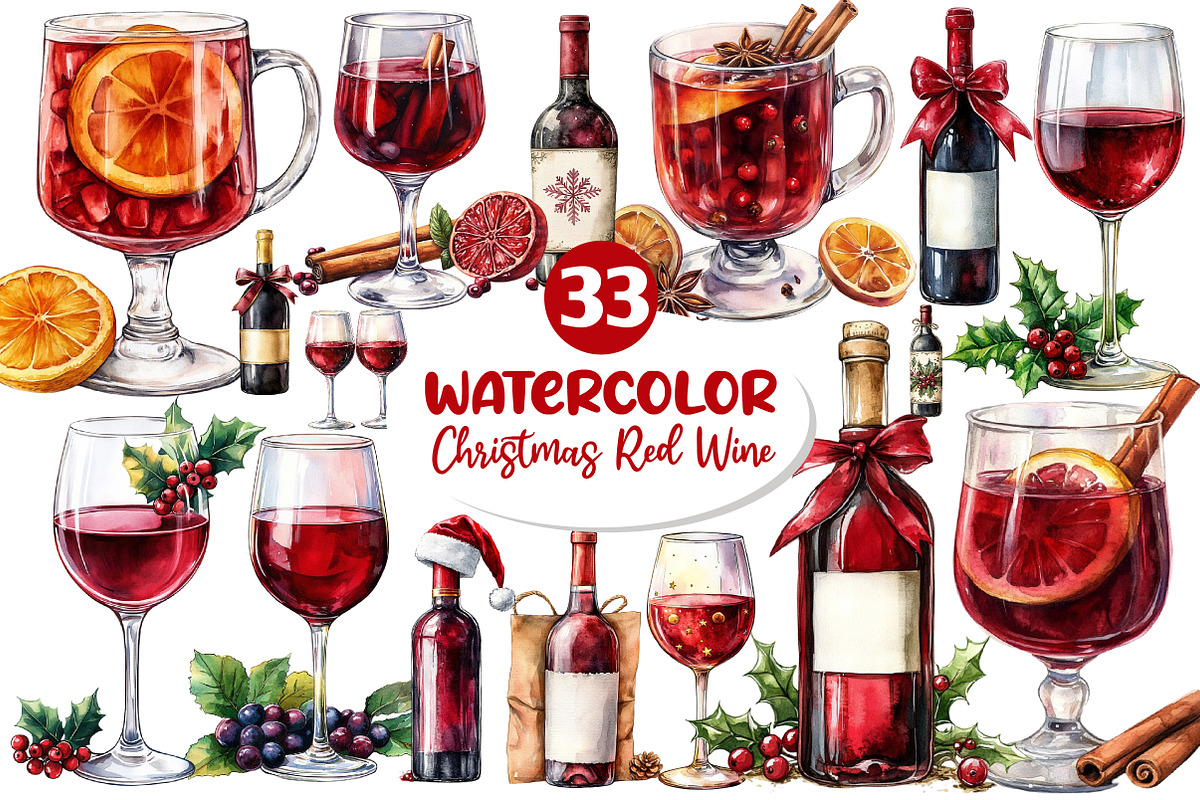 Christmas Red Wine Clipart, an Illustration by Dream Creation (Photo 1 of 3)