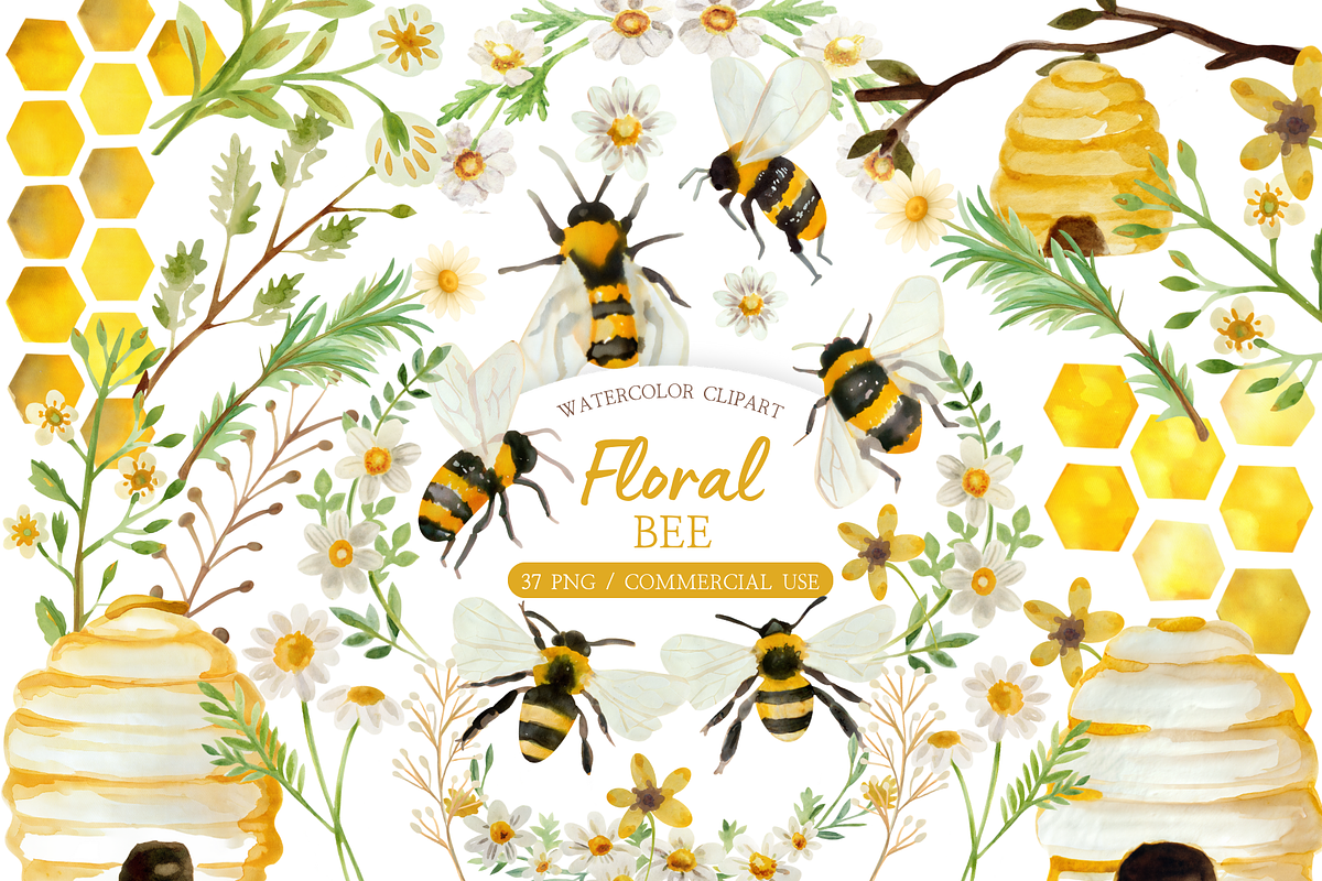Watercolor Floral Bee Clipart, an Illustration by MockupWizard (Photo 1 of 5)