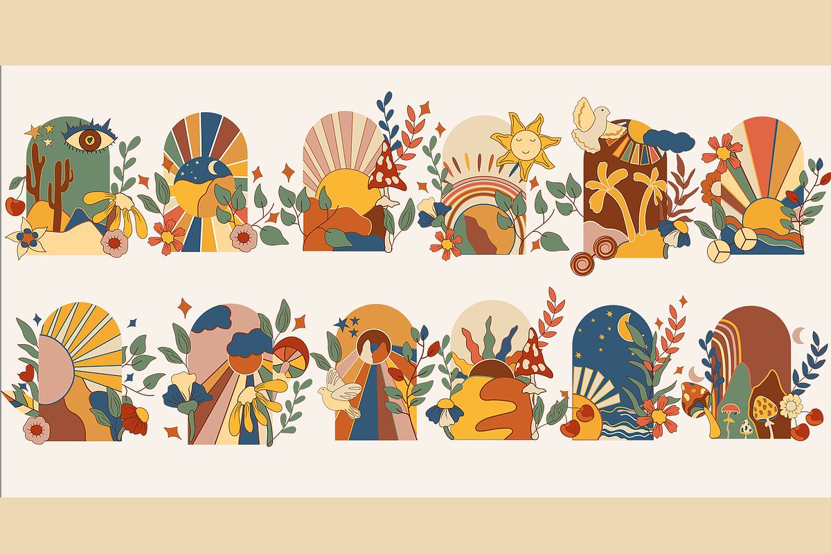 POSITIVE RETRO, BOHO GROOVY CLIPART, a Decorative Illustration by Usis (Photo 13 of 20)