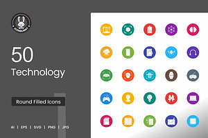 50 Technology Flat Round Icons, an Icon by IconBunny