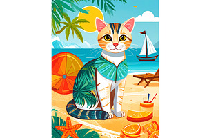 Hawaiian Cat with Fruit Drink at Sun, an Animal Illustration by Sharon Schwalbe
