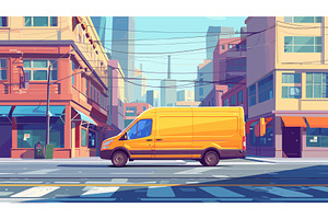 Yellow Delivery Minivan in Busy Area, a Transportation Illustration by LadadikArt