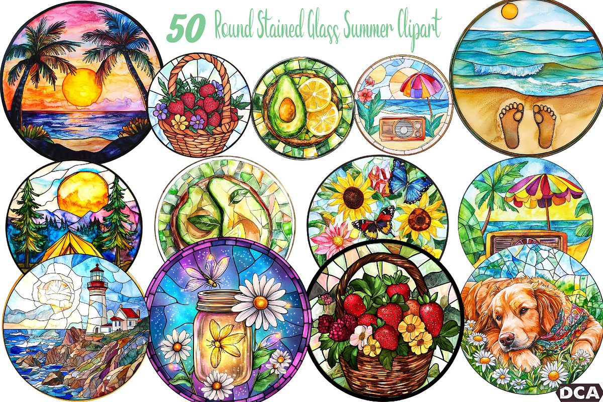 Round Stained Glass Summer Clipart2, an Illustration by DreamCafeArt (Photo 4 of 7)