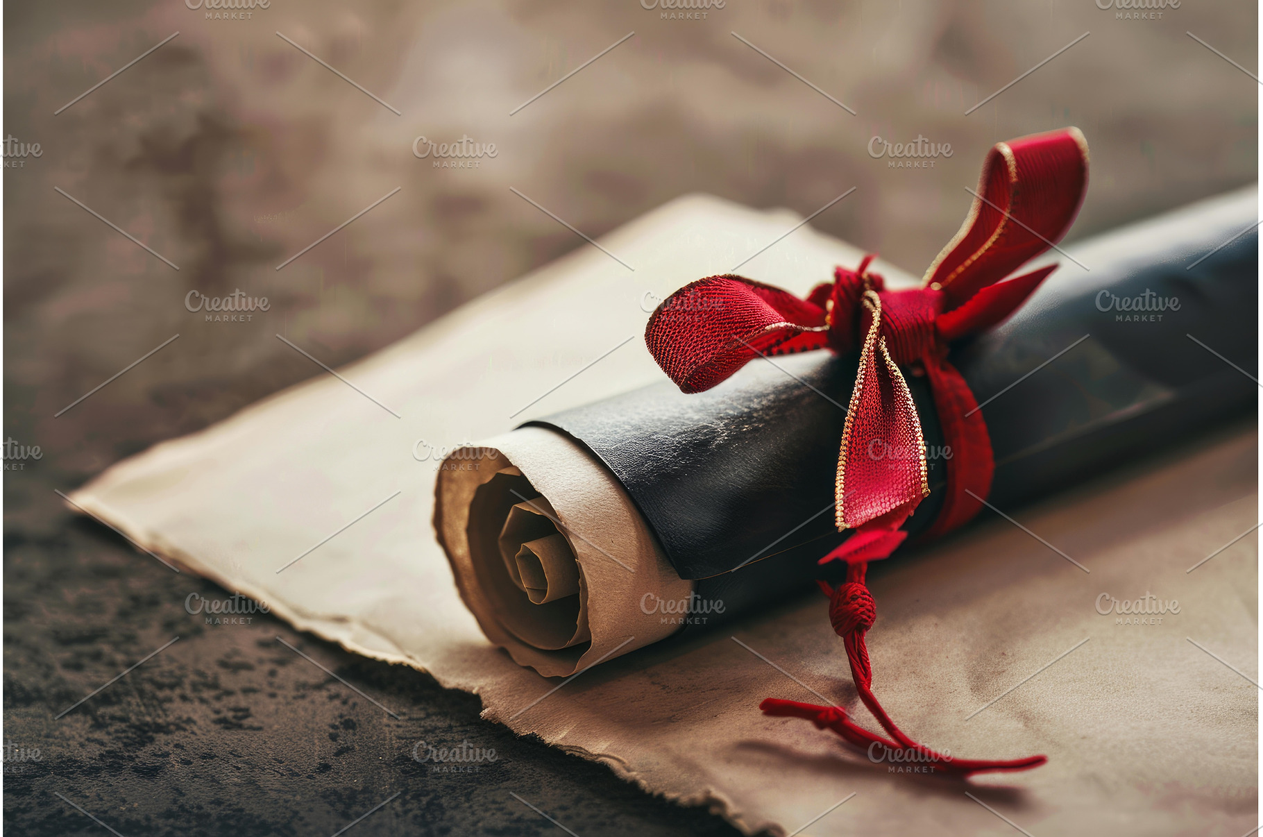 Black diploma tied with red ribbon, a Background Photo by Ylivdesign